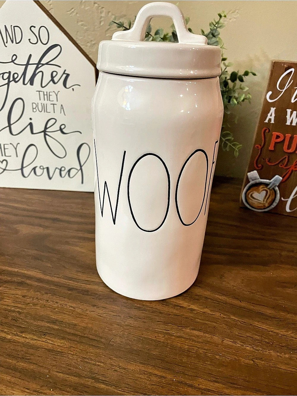 Rae Dunn WOOF Dog Treat Canister Ceramic White